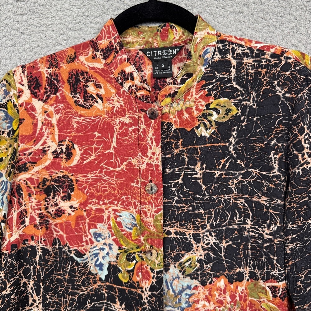 Citron Top Womens S Abstract Floral Silk Button Artsy Indie Eclectic Statement